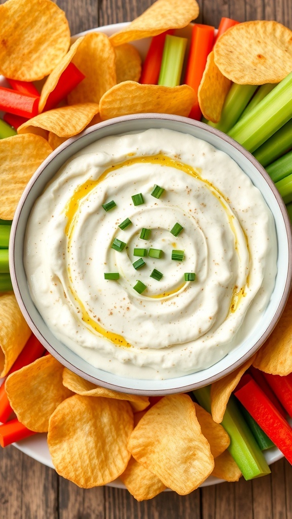 Creamy French onion dip in a bowl with potato chips and vegetable sticks on a wooden table.
